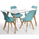 Charles Jacobs Dining Table With Four Blue Chairs Set Solid Wood Oak Legs And Clear Glass Table Top New Cushioned Contemporary Design For Extra Comfort, Modern Lounge Furniture - Premium Quality
