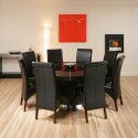 Large Round Black Oak Dining Set Table + 8 High Back Leather Chairs