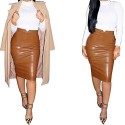 Amybria Women's Leather Slim Evening Party Bodycon Skirt Coffee Size L